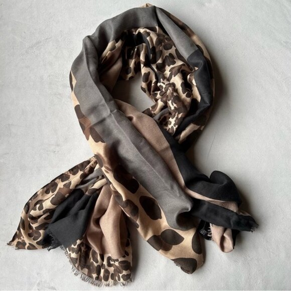 None Accessories - Animal Print Scarf ~ Brown Black Gray ~ Soft Fringe ~ Brand New